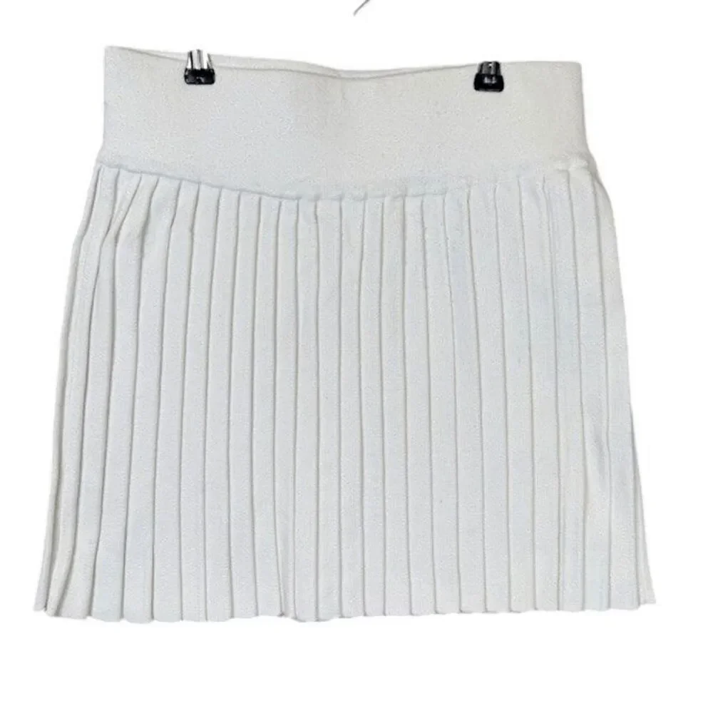 Minnie Rose Silk Blend Knit Pleated Skirt Wide Band Winter White Medium M Skirts